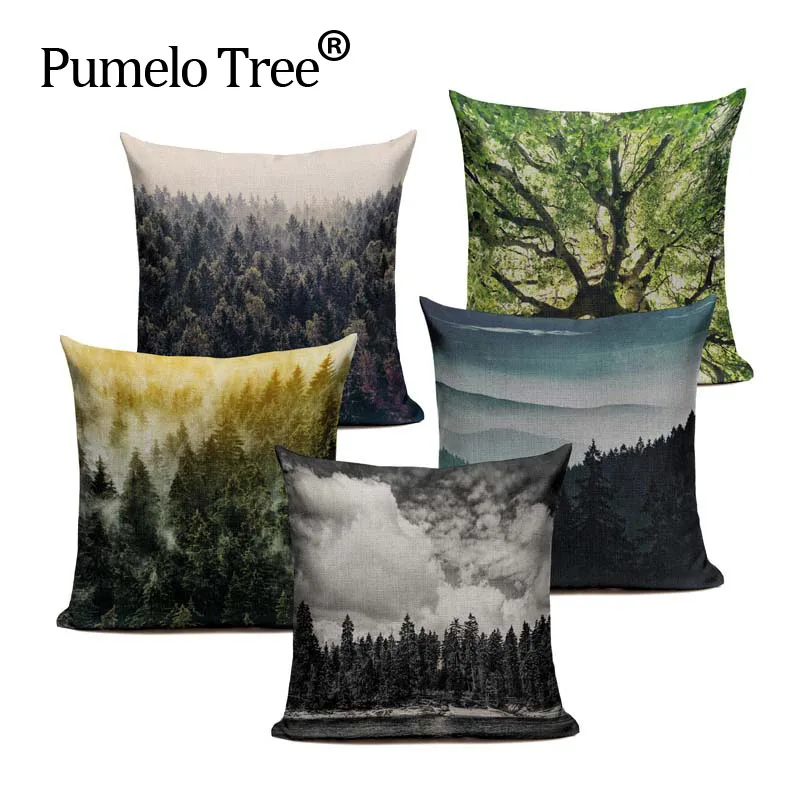 

Tree Wood Mountain Clouds Winter Moonlight Cushion Cover Linen Cotton Pillow Case Square Sofa decor Home textile product Custom