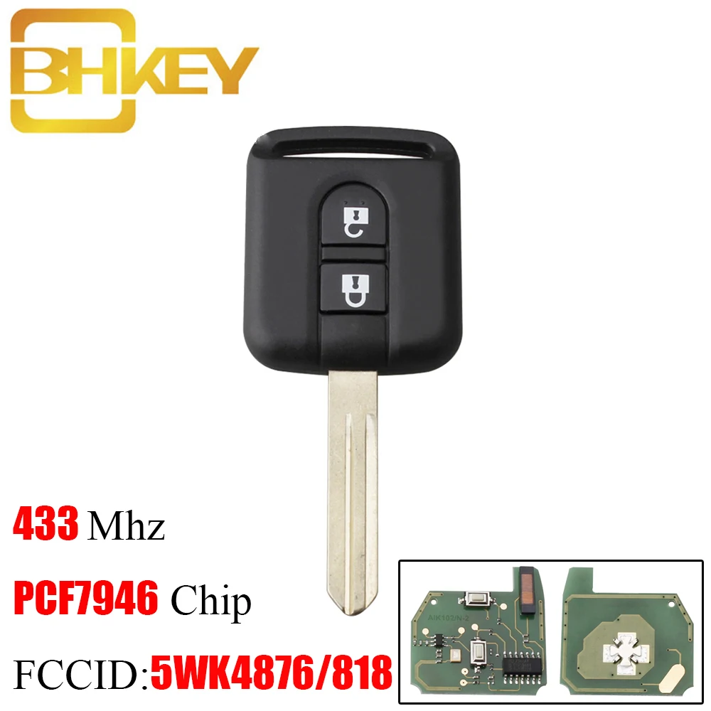 

BHKEY 2Button 433Mhz Remote Car key For Nissan 5WK4876/818 ID46/PCF7946 Chip For Elgrand X-TRAIL Qashqai Navara Micra Note NV200