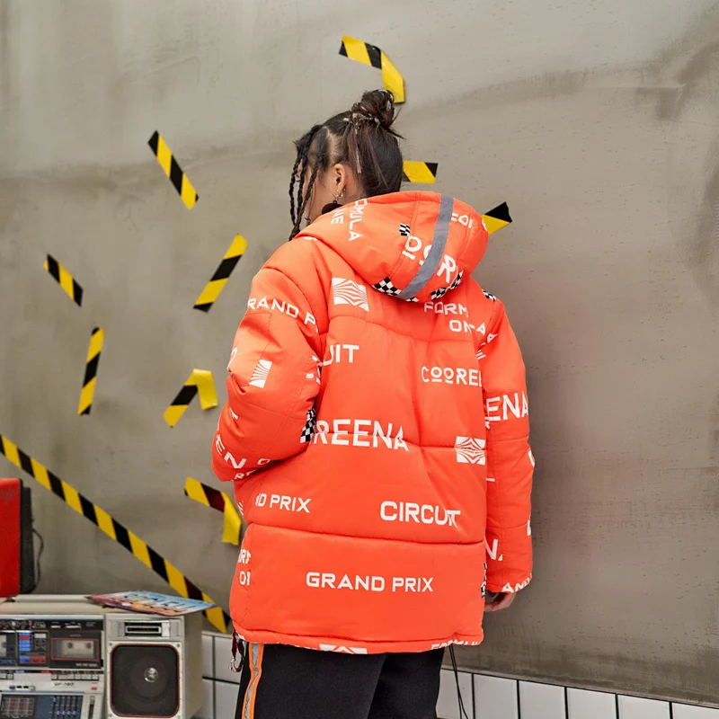 Ouatée Décontracté Femmes Longues Lettre Manteau De Manches Épais Capuchon En Z491 Imprimer Coton Femelle Parkas Veste À Mode Chaud Orange Hiver Ample XraqXv