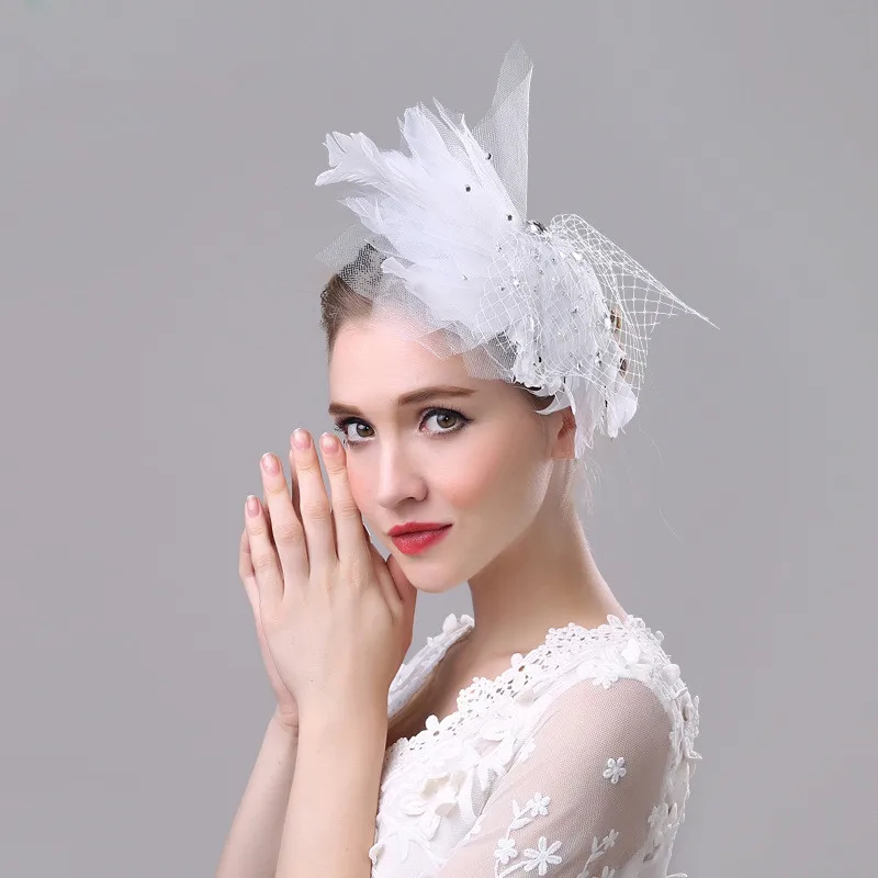 JaneVini/модные белые свадебные шапки для женщин, сетчатая шапка из бисера и перьев, фатиновая вуаль для невесты, головной убор, Tocados De Novias - Цвет: Белый