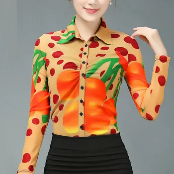 

Spring Fall 2018 New Office Lady Womens Printed Full Sleeve Mesh Blouse Shrit , Woman Casual Fashion 3XL 4XL Cardigan Blouses