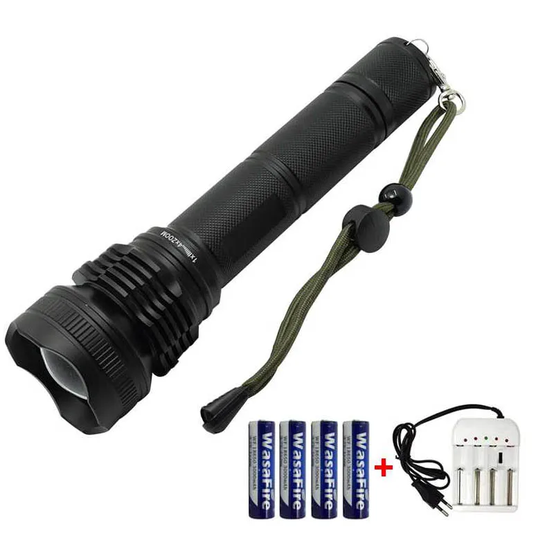 

Powerful XHP50 LED Sport Flashlight 5 Modes Tactical Zoom LED Torch With 4 * 18650 Rechargerable Battery + Charger For Camping