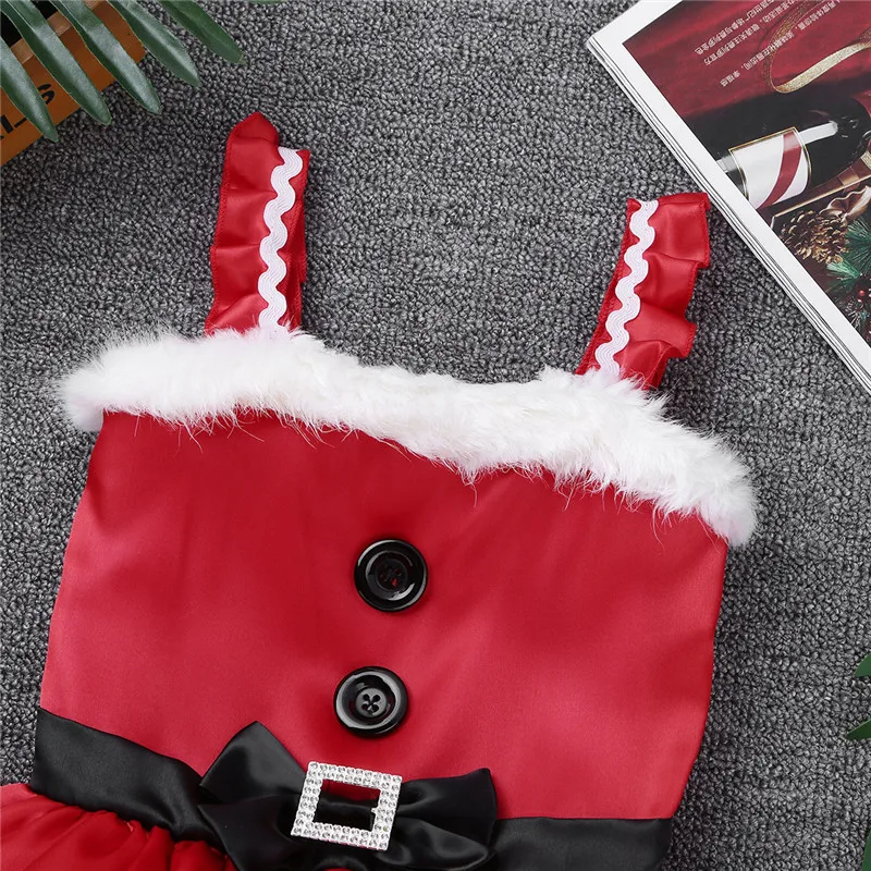 Рождественское платье Санта-Клауса для малышей, наряд для маленьких девочек, гофрированное платье с бантом из искусственного меха на бретельках, платье с пачкой из сетки