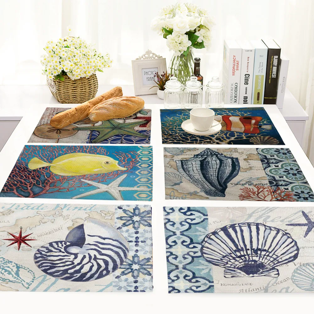 Sea Animal Cotton Linen Octopus Turtle Conch Print Table Pads Dishware Placemats For Dinner Kitchen Accessories Coaster Wine Mat