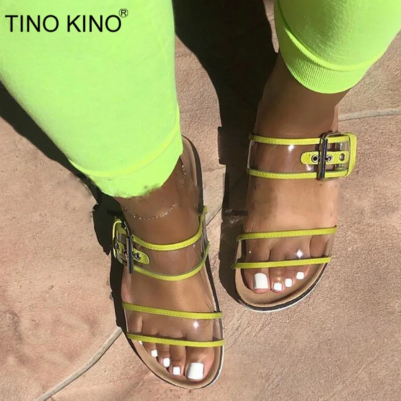 

TINO KINO Women Open Toe Transparent Flat Slippers Summer Slides Female Buckle Strap Flip Flops Slip On Beach Shoes Plus Size