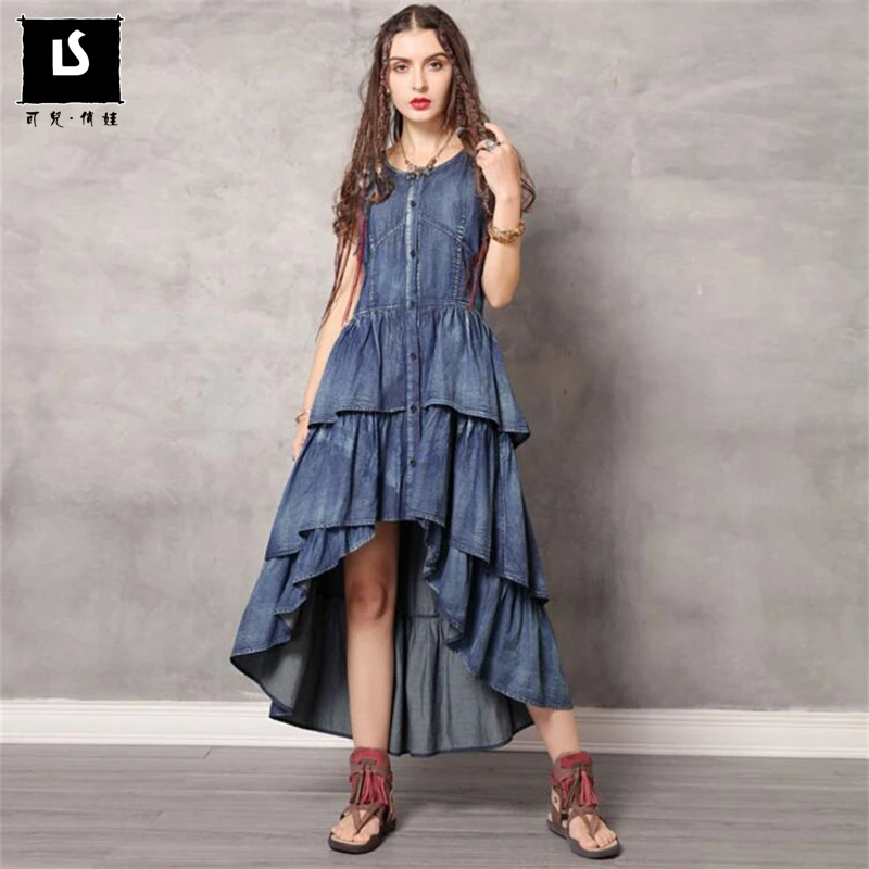 

Hot sale European American Style Cascading Ruffle irregular Summer Dress Women sleeveless Vintage Splice vogue Denim Dresses