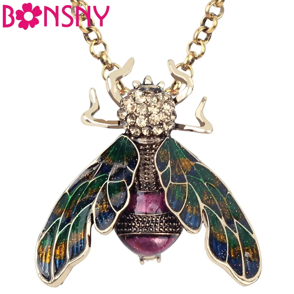 

Bonsny Metal Enamel Rhinestone Novelty Bee Insect Necklace Pendant Chain Choker Animal Alloy Jewelry For Women Girls Ladies Teen