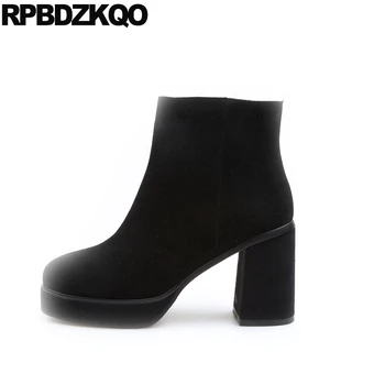 

chunky fur black suede shoes block round toe short handmade brand women winter boots genuine leather high heel booties fall new