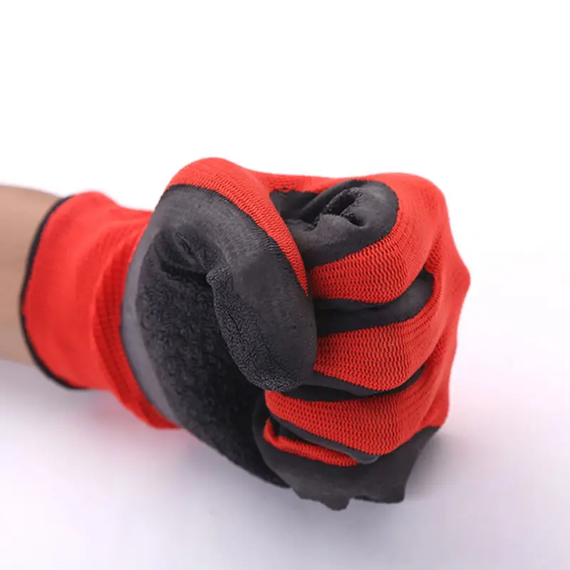 12 пар черный, красный нейлон ПУ безопасности, рабочие перчатки строителей сцепление ладони покрытие морщин грубые перчатки варежки