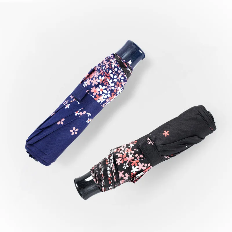 

Sakura Three Fold Sun Rain Umbrellas Woman Flower Printing Black Coating Shading Umbrella Female Fashion Parasol Anti UV parasol