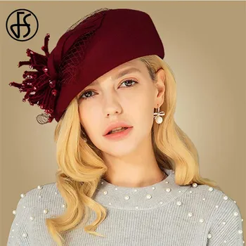 

FS Women Hat Elegant Wine Red Wool Berets Caps With Veil Fedora Hats Chapeau Femme Feutre Winter Ladies Church Felt Fedoras