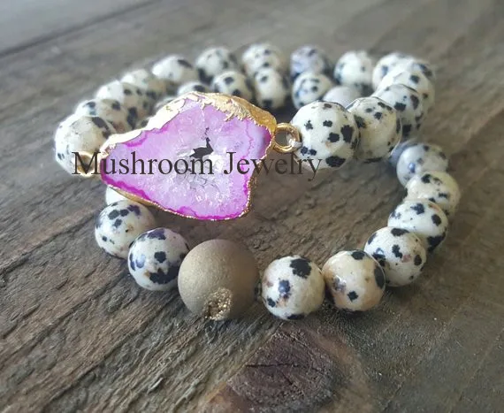 

Boho Dalmatian Jaspers Stretch Bracelet Agates Slice Big Stone Jaspers Stack Bracelet 2PCS in One Set