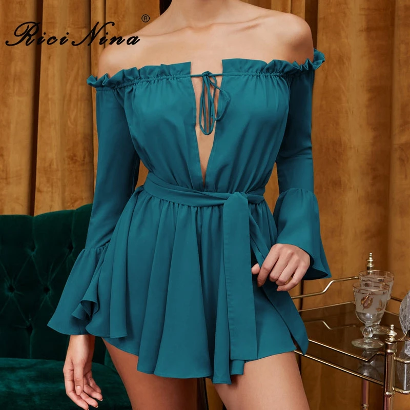 RICININA 2019 Women Dress Woman Slash Neck Long Flare Sleeve Mini Dress Woman Summer Loose Bandage Sexy Party Dress Vestidos