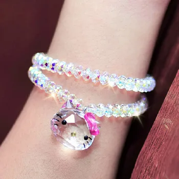

USTYLE Genuine 925 Sterling Silver Austrian Crystal Lovely Cat Hello Kitty Bracelets & Bangles Fashion Jewelry for women YB0001