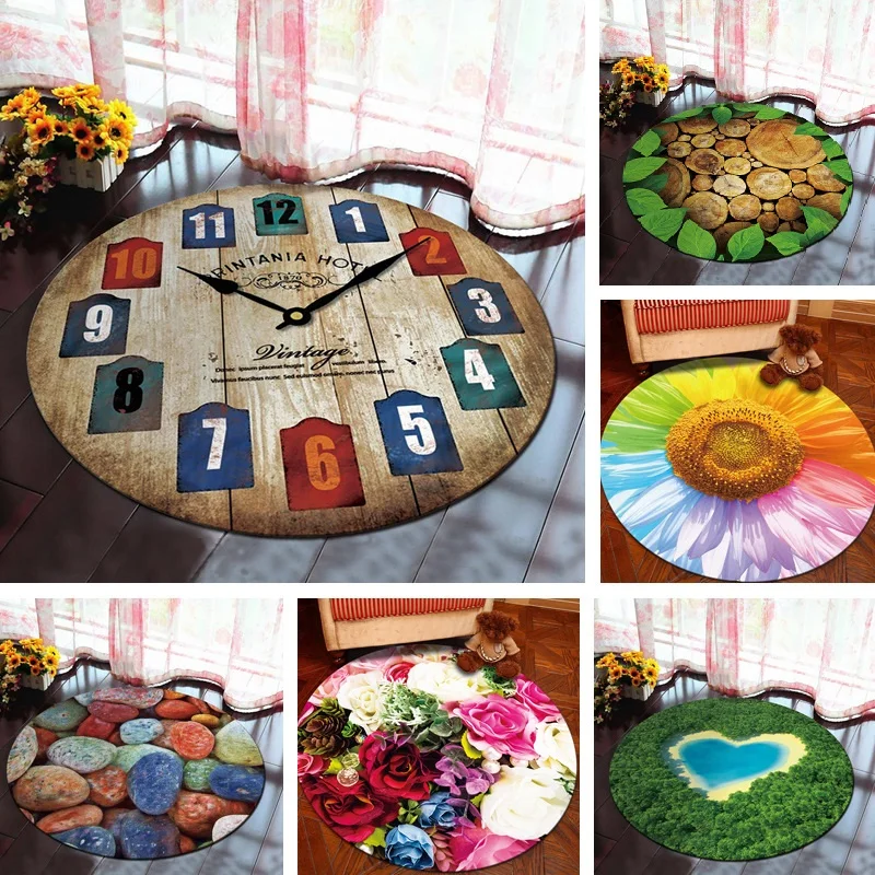 Настенные часы с цветочным принтом, круглые ковры для дома, гостиной, компьютерного кресла, коврики, Детская игровая палатка, коврик для пола, коврик для одежды