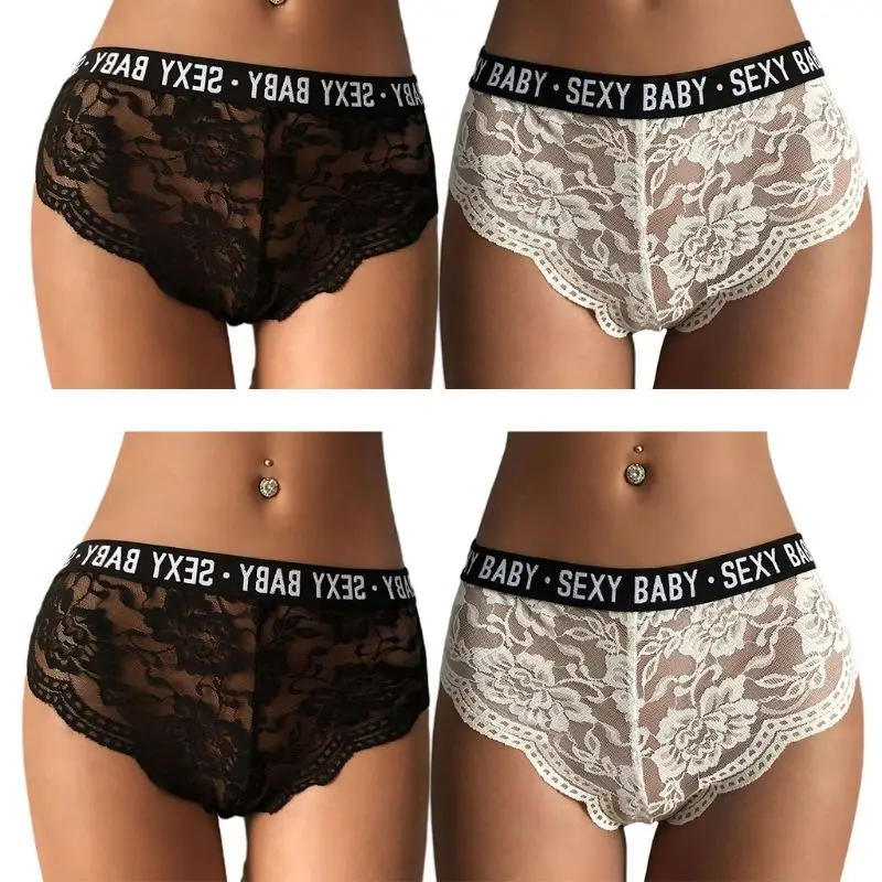 

Womens Erotic Sheer Floral Lace Underwear Briefs Letters Waistband Mid Rise G-String Seamless Scalloped Trim Lingerie Panties