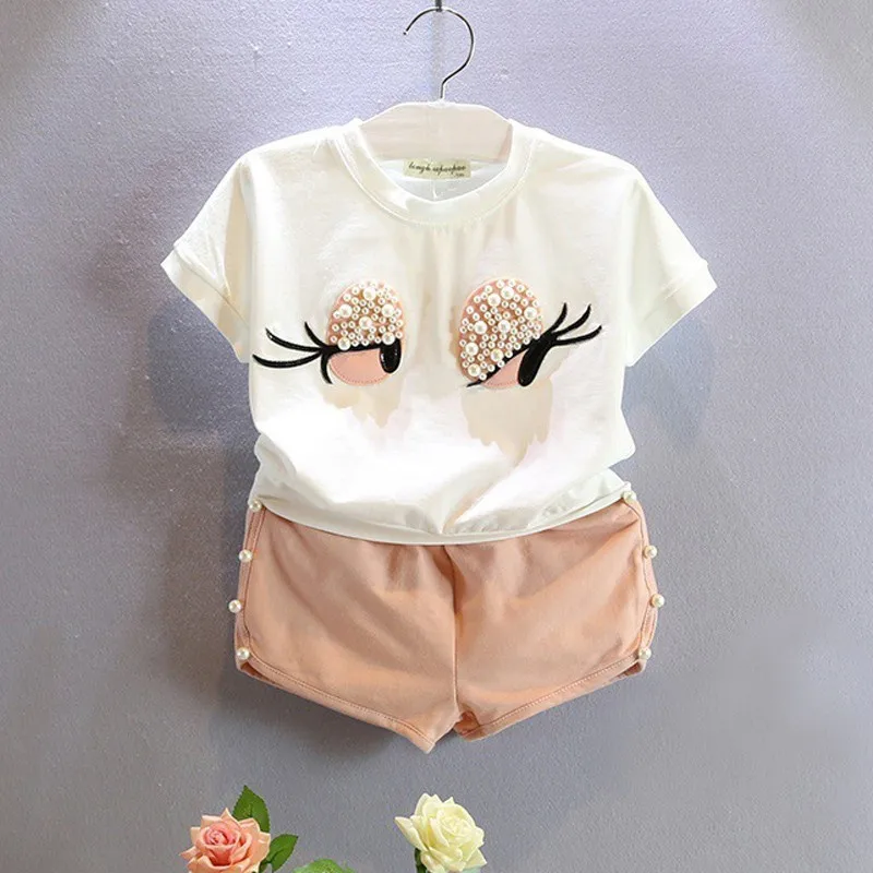 Baby Girls Clothes Sets 2019 Summer Heart Printed Girl Short Sleeve Tops Shirts + Shorts Casual Kids Children's Clothing Suit 29