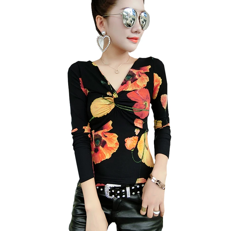

Shintimes Vetement Femme 2018 Autumn Casual T-shirt Women Sexy V Neck T Shirts Kawaii Long Sleeve Print Tshirt Ladies Tops