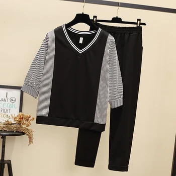 

Plus Size 5xl Two Piece Set Tracksuit Women Striped Patchwork Year-old Female Costume Conjunto Feminino Casual Woman Suit