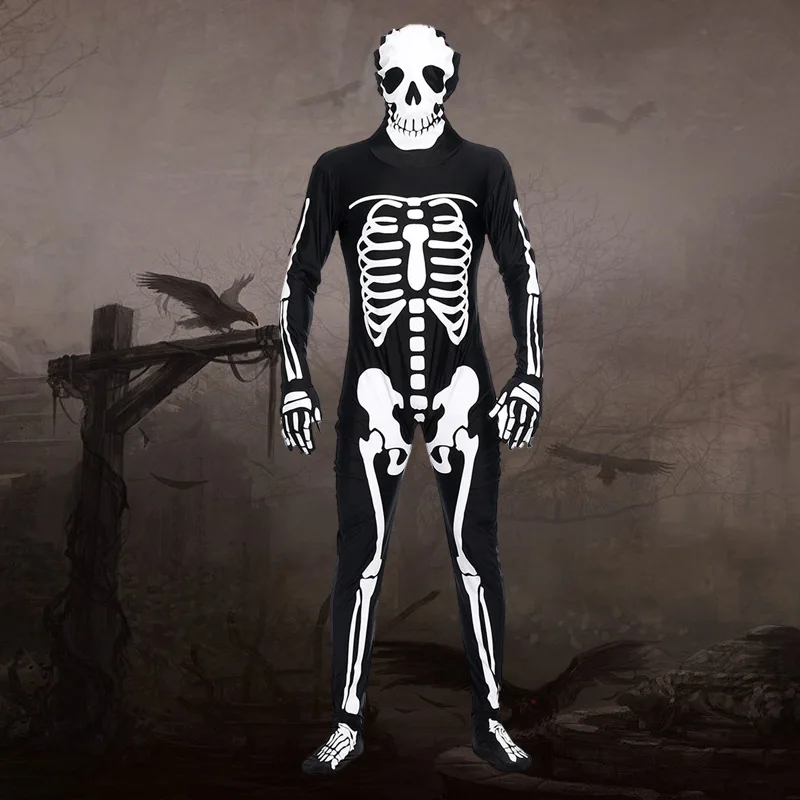 Хэллоуин мужские костюмы для косплея человеческий скелет Косплей страшные костюмы черно-белые комбинезоны костюмы набор