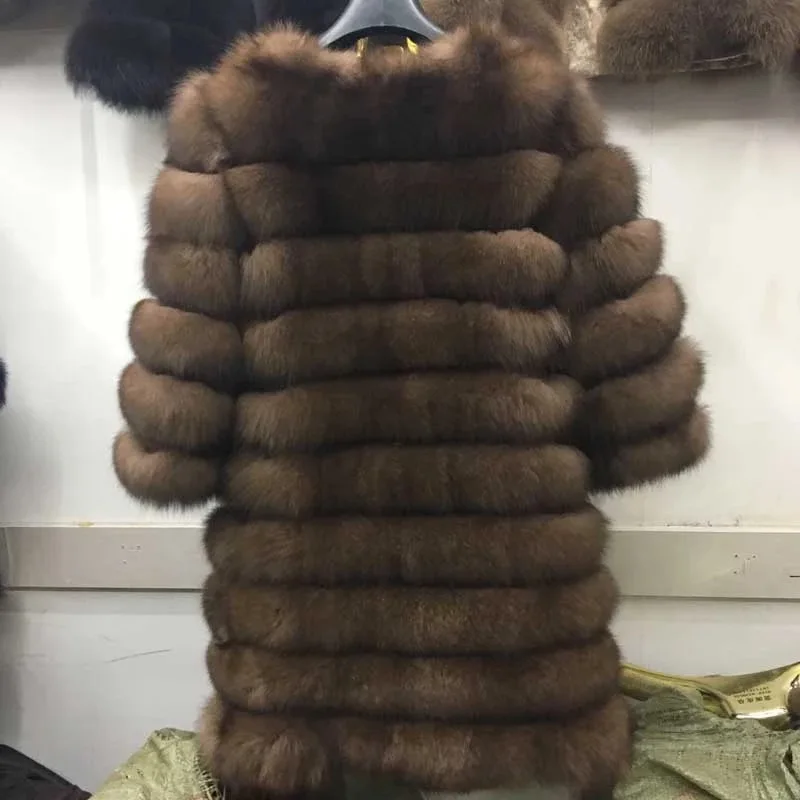 New Brand Winter Real Blue Fox Fur Coat Thick Warm Imitation Of Sables Women's Light Brown Long Jacket The fox fur Coat