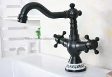 Basin Faucets Black Color Brass Deck Mounted Double Handle Bathroom Basin Mixer Tap Single Hole Hot and Cold Tap Bnf645 azos split faucetsoft basin brass orb cold and hot switch rotatable bathroom below counter basin balcony double handle three hol