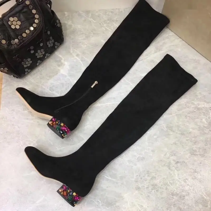 

Luxury Brand Multi Crystal High Heels Thigh High Women Boots Kid Suede Round Toe Slim Boots For Womens Pink Black Shoes W