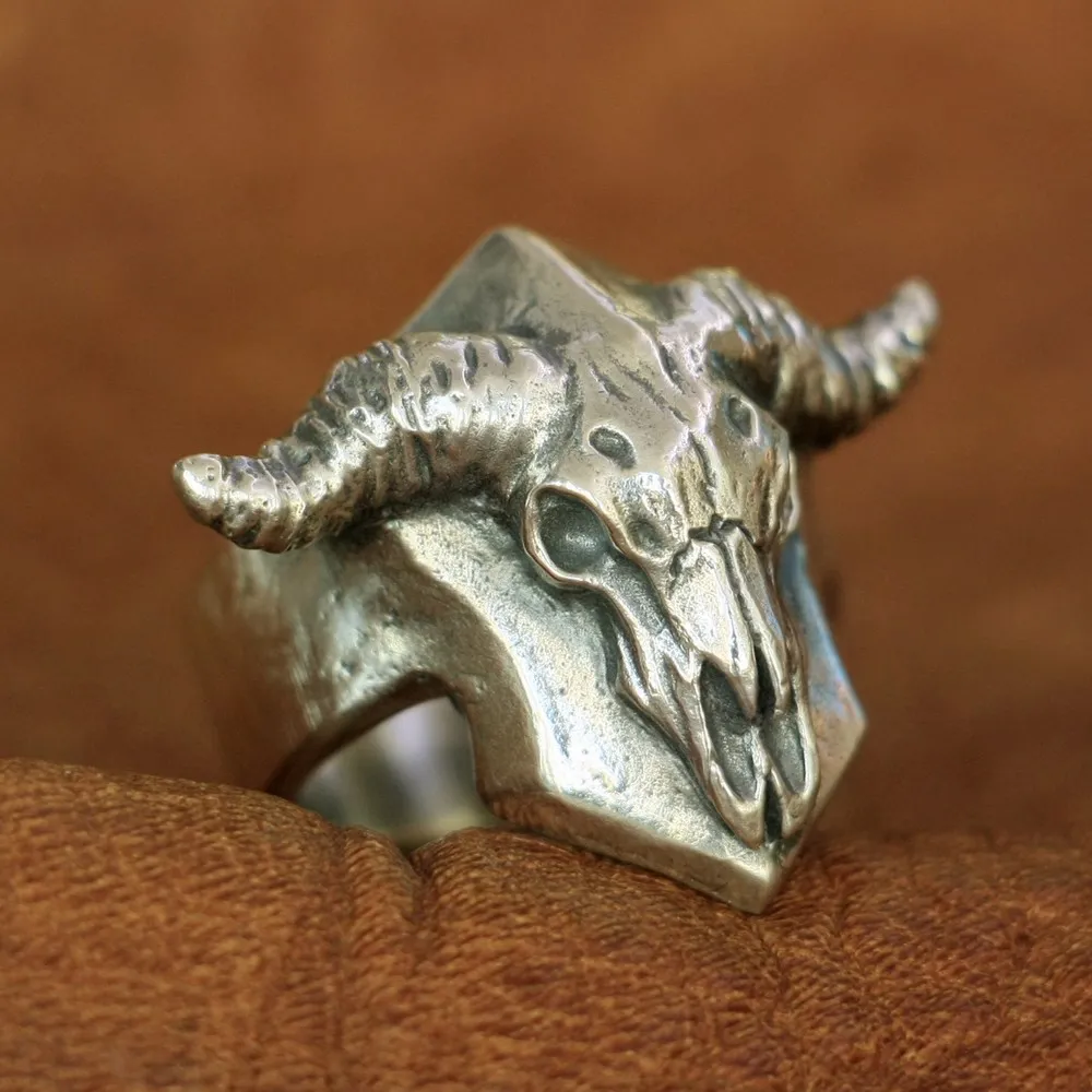 LINSION 925 пробы серебро Череп Буйвола рог быка кольцо Мужские байкерское кольцо TA133 нам Размеры 7~ 13