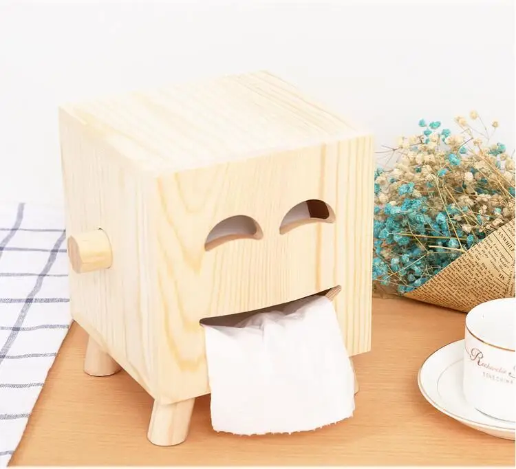 Removable Smiling Face Tissue Roll Paper Wooden Tissue Box Home