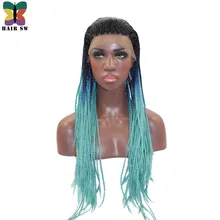 HAIR SW Long Braided Box Braids lace Front Wig Ombre Dip Dye Blue Brown Blonde Fishtail Hand Synthetic Braided For Black Women