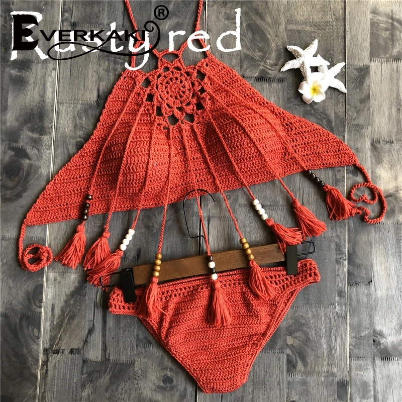 Everkaki 2019 tassel Hollow knitting Swimsuit female Bikini set Bohemia Women bathing costume Sexy ladies Tankini swimwear women Everkaki 2019 tassel Hollow knitting Swimsuit female Bikini set Bohemia Women bathing costume Sexy ladies Tankini swimwear women
