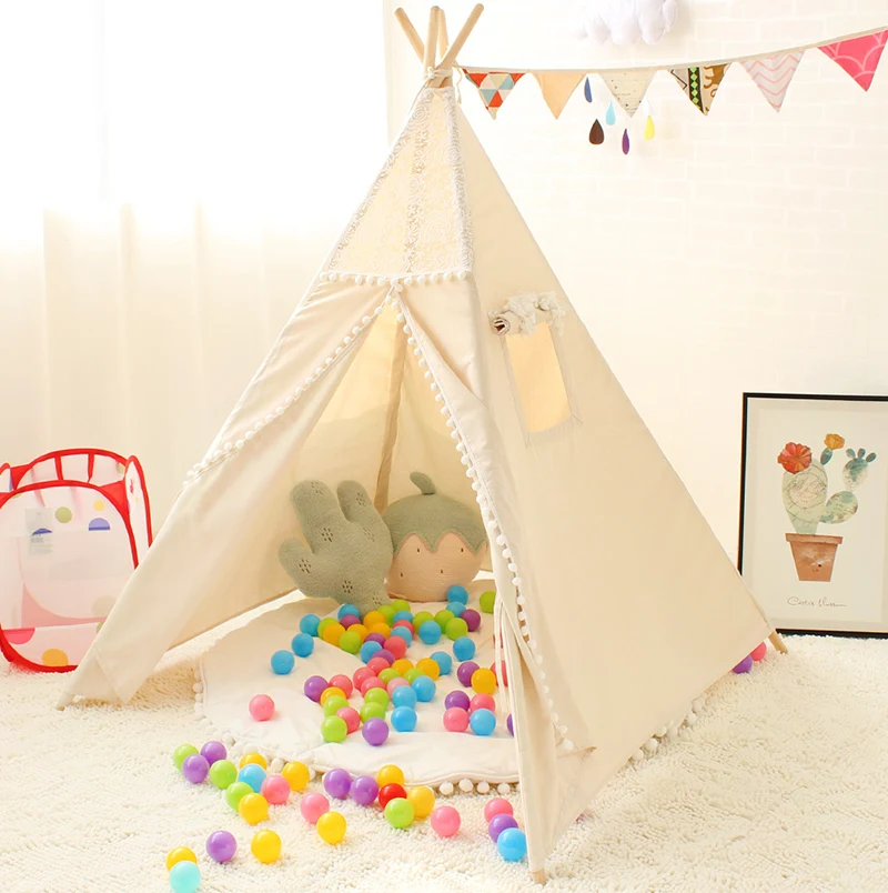 Tenda para Crianças Teepees para Crianças Tenda para Bebê Laço Tipi Algodão Playhouse Dobrável Jogar Leitura Canto Extra 5 Usd Cupom 7 bebê leitura canto extra 5 usd cupom
