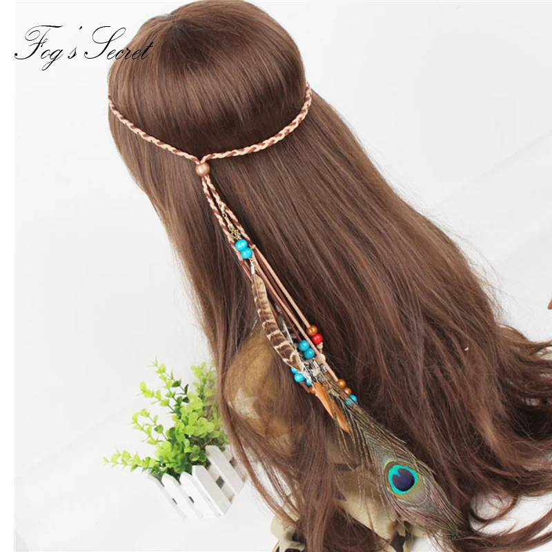 

Female Hairband Feather Long Indian style Gypsy Bohemian Made For Peacock hair Wooden bead Beach Party Model Performance