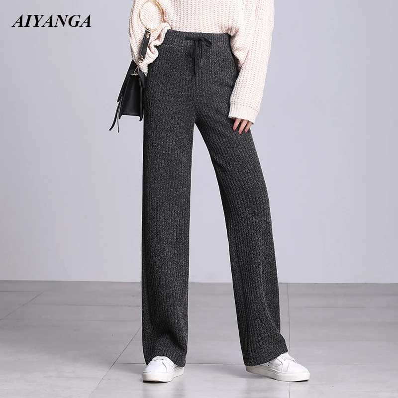 Vente Épaissir les pantalons tricotés femme pantalons chauds pour les femmes hiver 2018 taille haute pantalons à jambes larges femmes pantalon en laine tricot grande taille