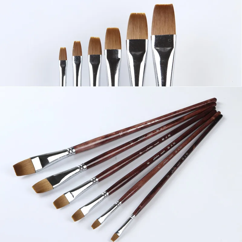 Flat Brush Wooden Handle Nylon Synthetic Taklon Hair Oil Acrylic