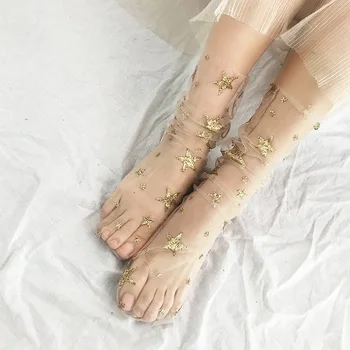 

2Pair=4Pcs Fashion Transparent Shiny Star Women Mesh Socks Sexy Sheer Ankle Short Socks Summer Thin Elastic Soft Glitter Socks