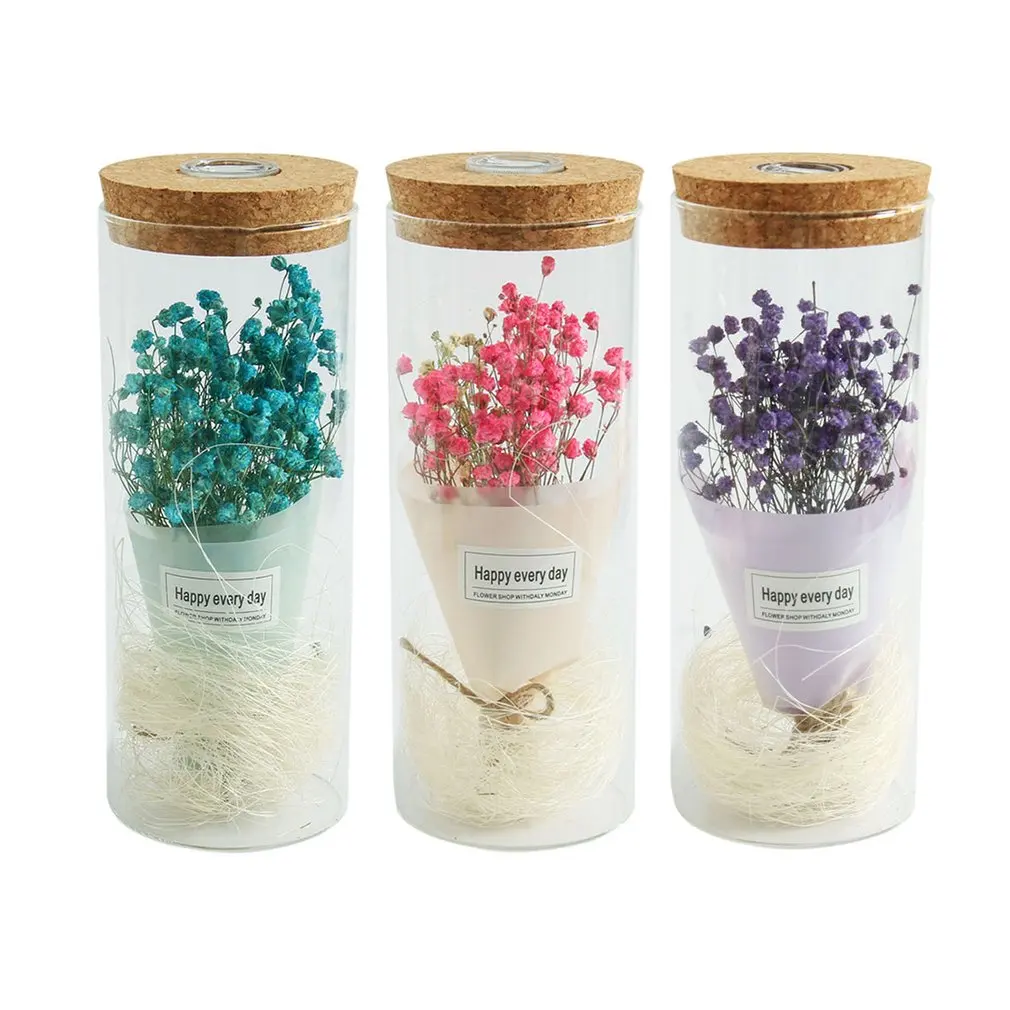 

Romantic LED Light Dried Flower Ornament Micro Landscape Terrarium Seal Flowers Vase Home Decoration Decor Gift hot selling