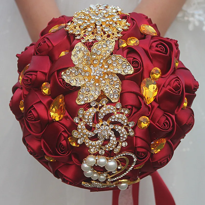 

18CM Wedding Bouquet Luxury Gold Crystal Brooch Bridal Bouquet Handmade Silk Rose Ribbon Wedding Flowers Artificia Fake Flower