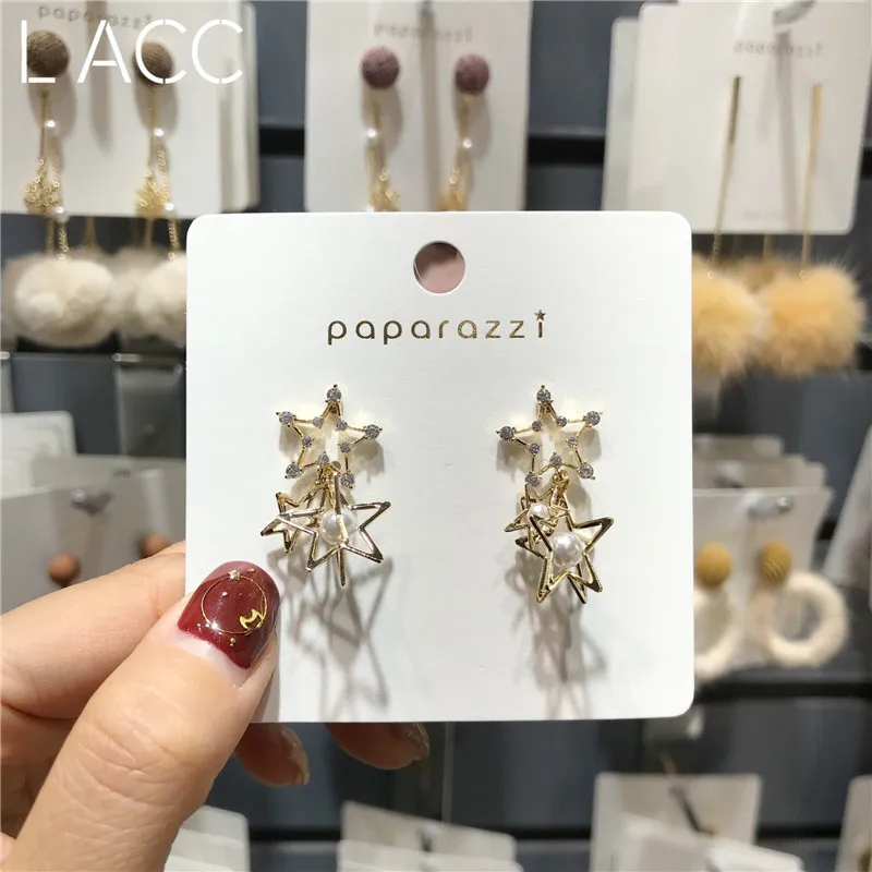 

2019 New Alloy Hyperbole Geometric Women Dangle Earrings Korean Pentagonal Star Earrings Female Pearl Hollow Earrings Korean