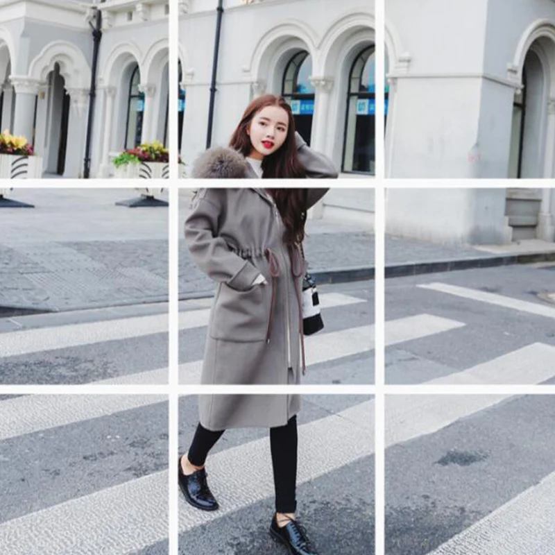 Корейская версия, новое зимнее длинное пальто, женское теплое кашемировое элегантное шерстяное пальто большого размера с капюшоном cc140 - Цвет: Photo Color