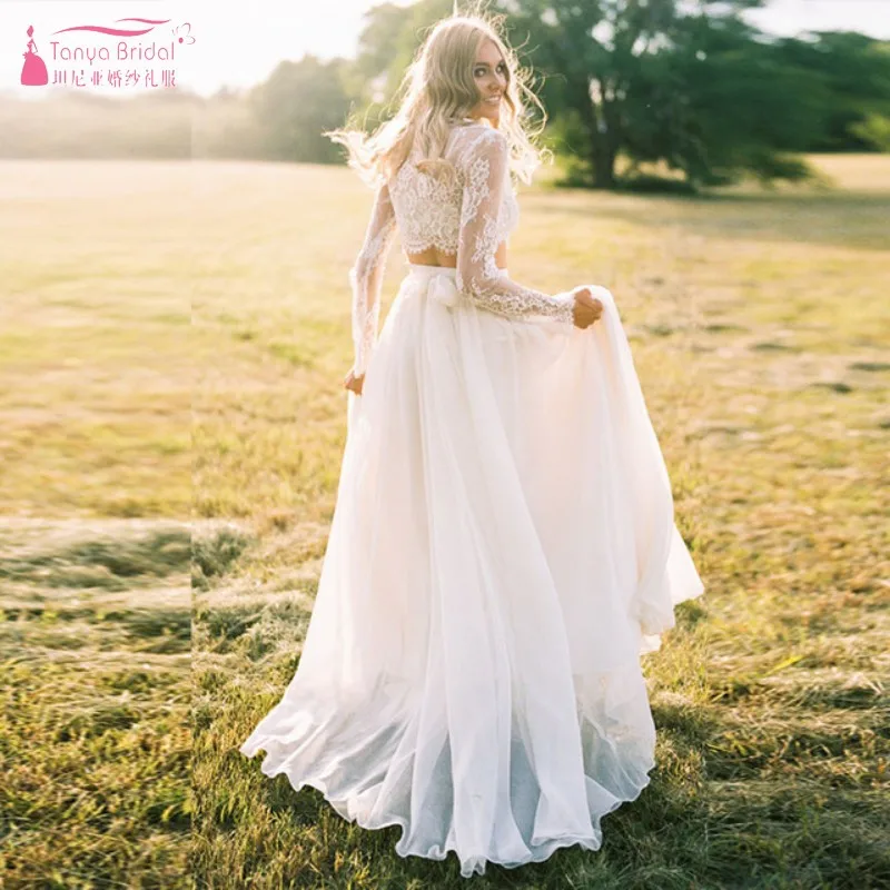 

Two Pieces Bohemian Wedding Dresses Lace Style Long Chiffon Vestido De Noiva Beach Bridal Gown Long Sleeves Robe De Mariee QG747