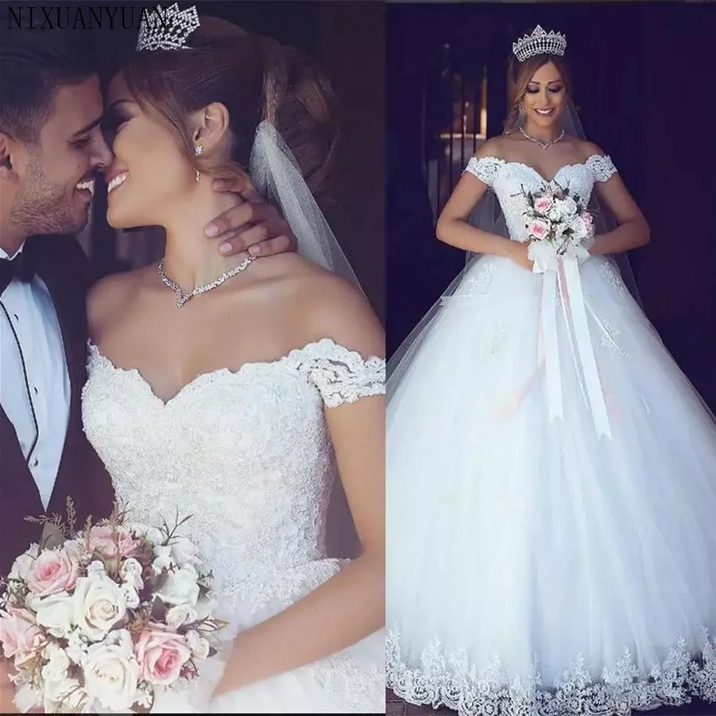 

2019 New Arabic Lace Off Shoulder Wedding Dress V-neck Ball Gown Wedding Gown Vestido De Noiva