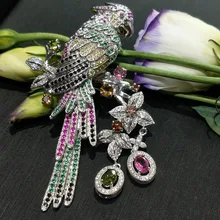 FLZB, Lucky animal большая брошь свадебные украшения из стерлингового серебра 925 пробы с натуральным турмалиновым красочным птичьим брошкой для женщин