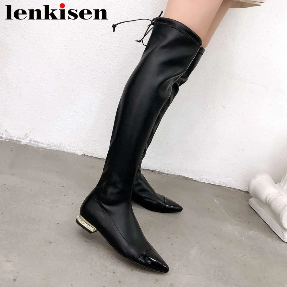 

Lenkisen large size cow leather winter thigh high boots low heels popular pointed toe concise european over-the-knee boots L16