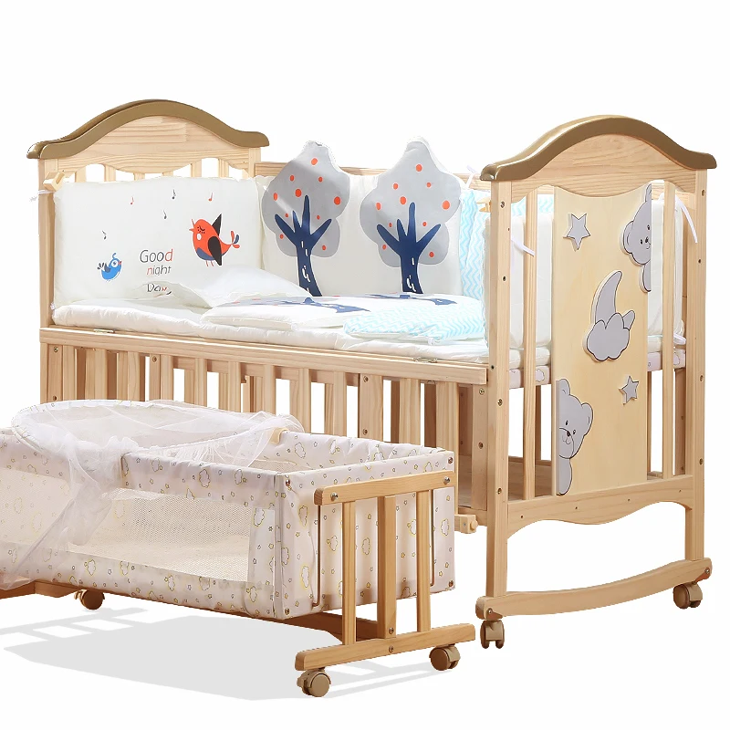 Solid Wood Multifunctional Baby Bed Newborn Cradle Bed No-painted Children Crib Splicing BB Bed Changable Desk Pine Baby Cot