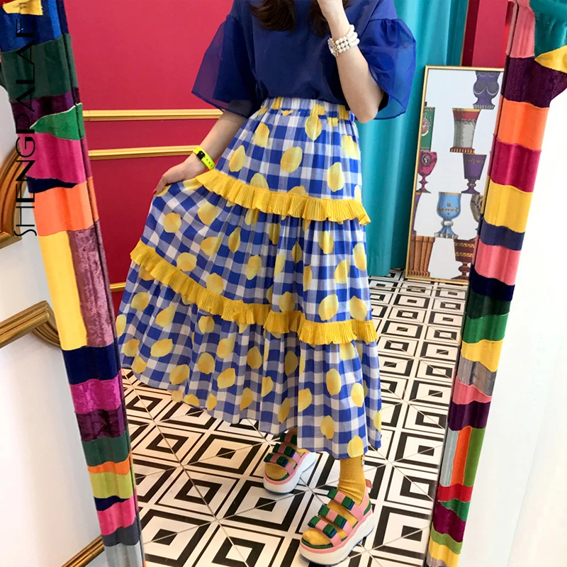 

SHENGPALAE Summer Spring Japan Korean Fashion Chic Style Office Lady Print Ankle-length Fashion Women Empire Pleated Skirt FQ181
