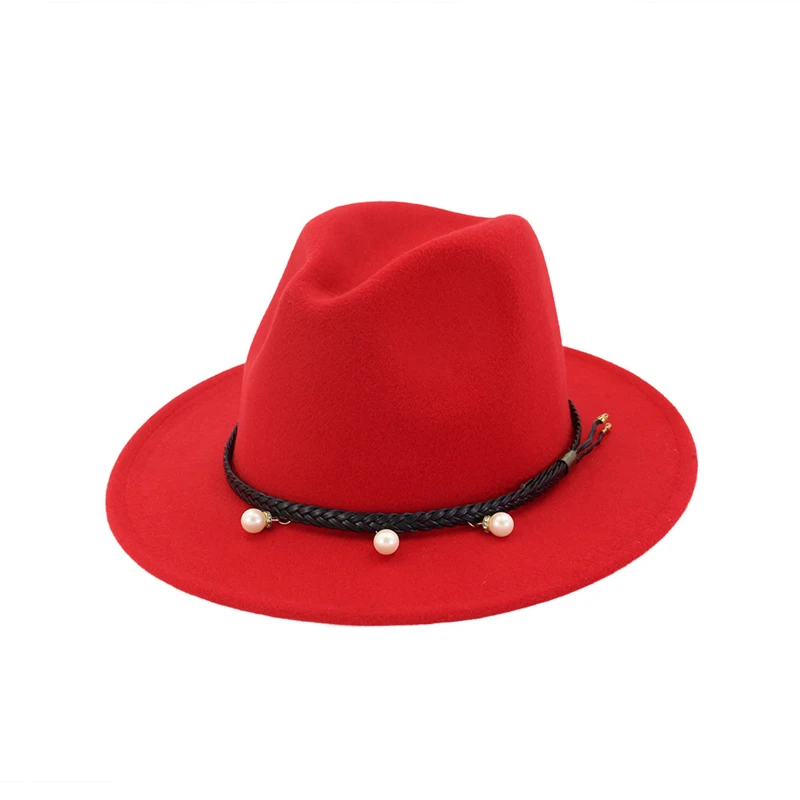 QIUBOSS, унисекс, 12 цветов, Классическая джазовая черная лента, украшенная жемчугом, шерсть, фетровая шляпа, женская панама, мягкая фетровая шляпа в джазовом стиле, Шляпа Дерби - Цвет: Красный