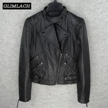 Новинка, брендовая роскошная женская куртка из натуральной кожи, черная, модная, тонкая, мотоциклетная, Байкерская, из овчины, из натуральной кожи, короткие пальто для женщин