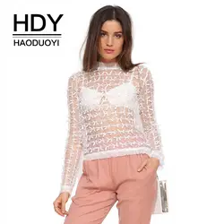 HDY Haoduoyi бренд 2018 женский белый прозрачный Волан кружевной пуловер рубашка с круглым вырезом с длинным рукавом Женский сексуальные блузки