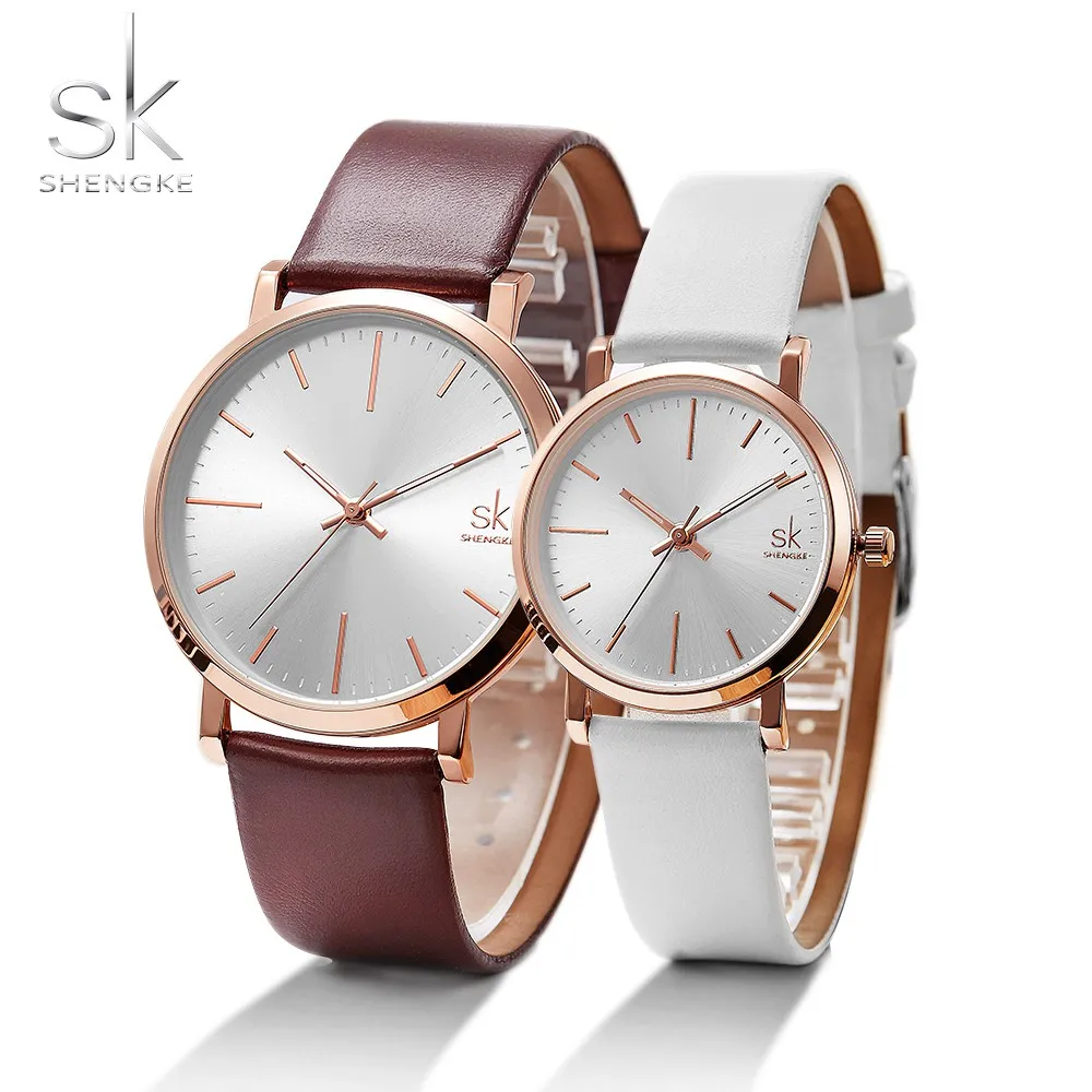SHENGKE пара часов подарок для влюбленных кожаный ремешок кварцевые часы Orologio Donna